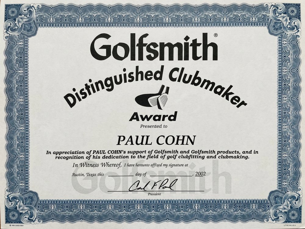 Golfsmith Distinguished Clubmaker Award presented to Paul Cohn in 2002