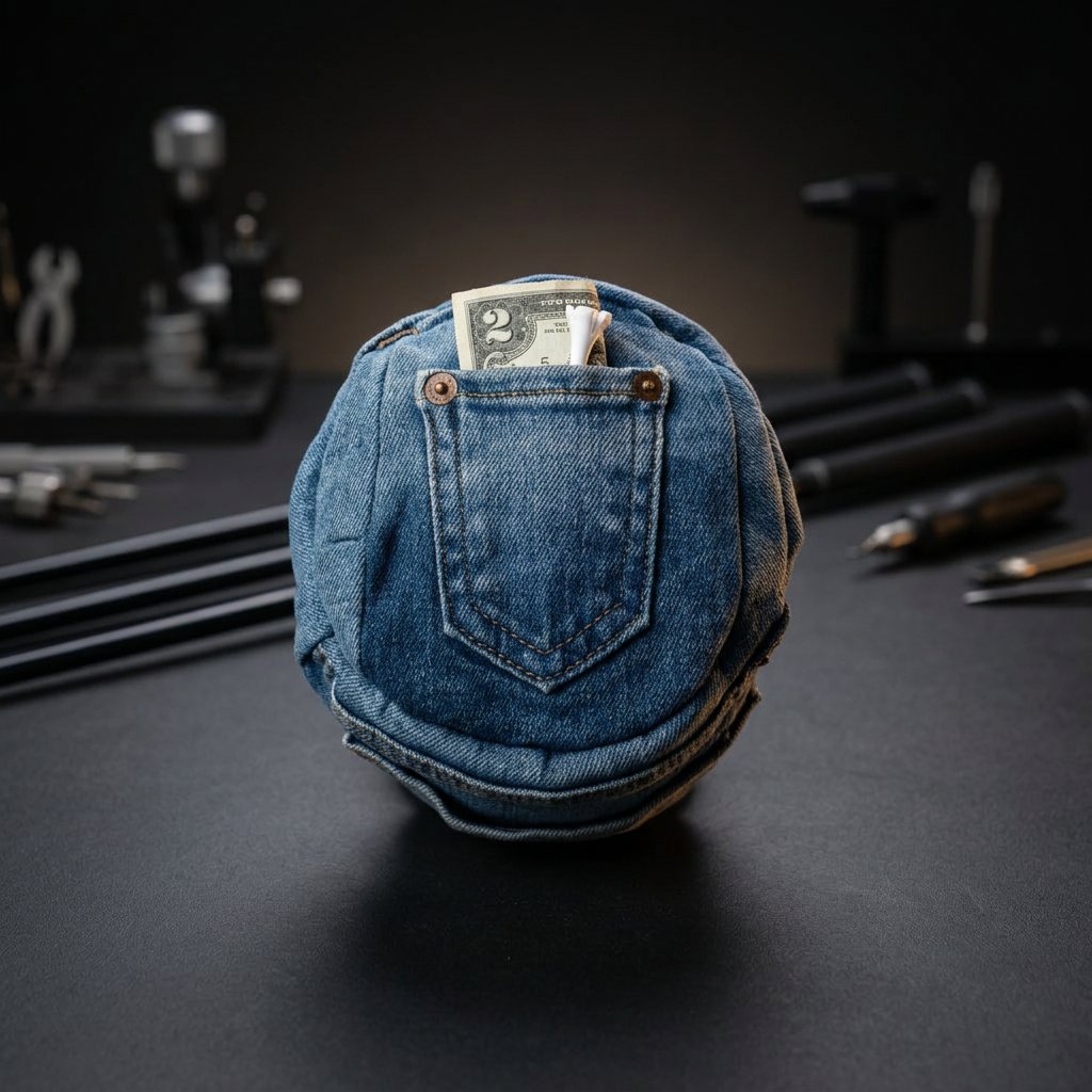 Handmade denim golf headcover with a jean pocket detail on the Chronic Clubworks bench
