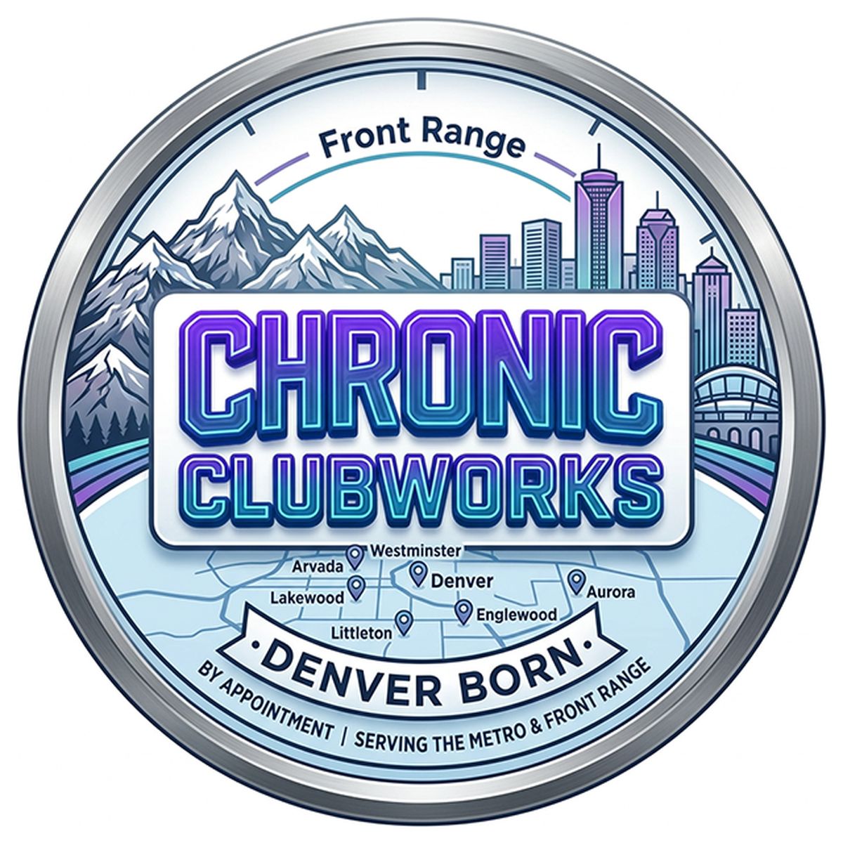 Chronic Clubworks Denver Born emblem showing the Front Range and the metro service area